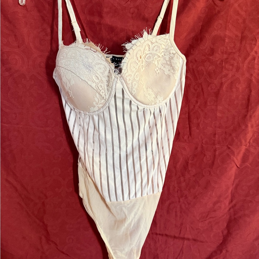 Haute Monde Cream Lace Pinstripe Bodysuit L Satin Underwire Lingerie Top